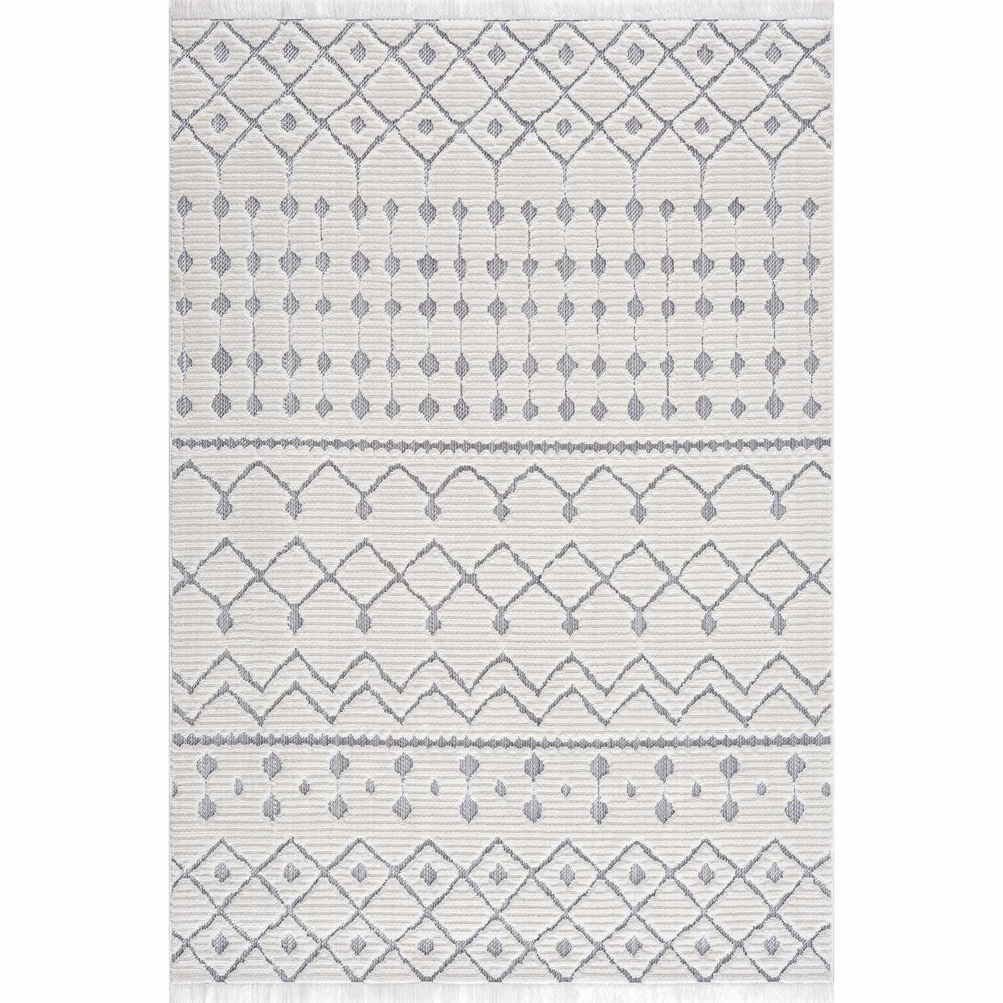 Ivory Gray Beil Textured Trellis Fringe Carpet - Clearance