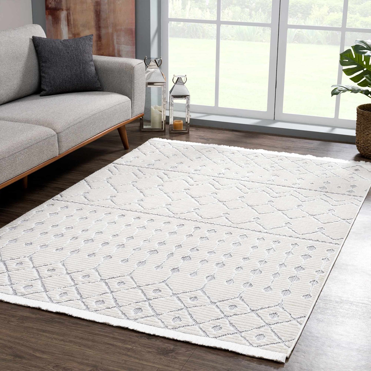 Ivory Gray Beil Textured Trellis Fringe Carpet - Clearance