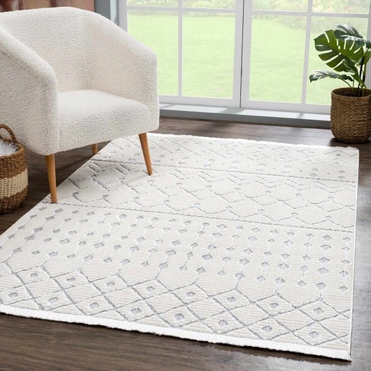 Ivory Gray Beil Textured Trellis Fringe Carpet - Clearance