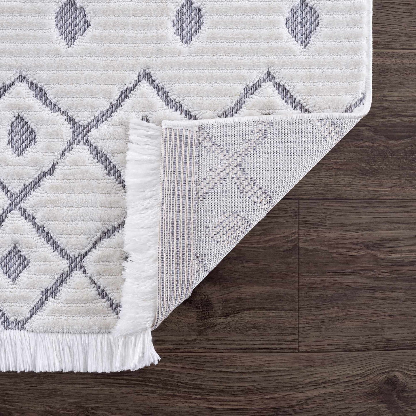 Ivory Gray Beil Textured Trellis Fringe Carpet - Clearance