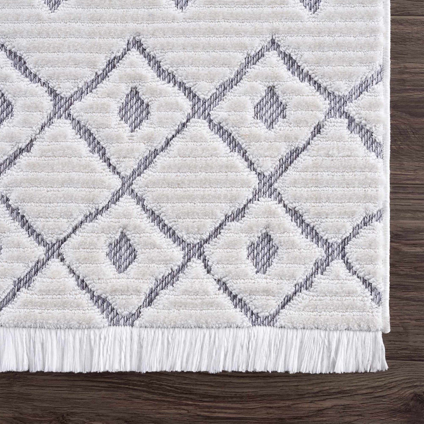 Ivory Gray Beil Textured Trellis Fringe Carpet - Clearance