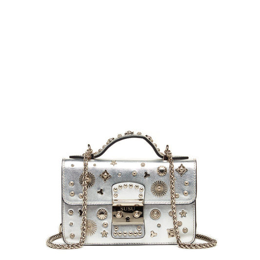 Small Leather Crossbody Bag Studded Silver Purse